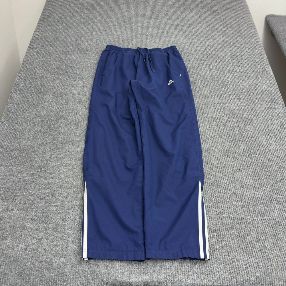 Adidas Track Pants Mens L Blue Polyester Three Stripe Zipper Hem Athletic Sporty